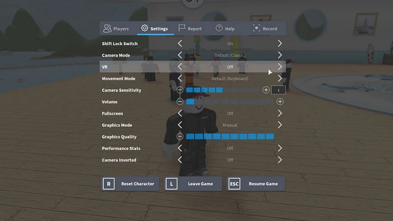 The System menu screen for Roblox when VR is toggled off. (Image via&nbsp;en.help.roblox.com)