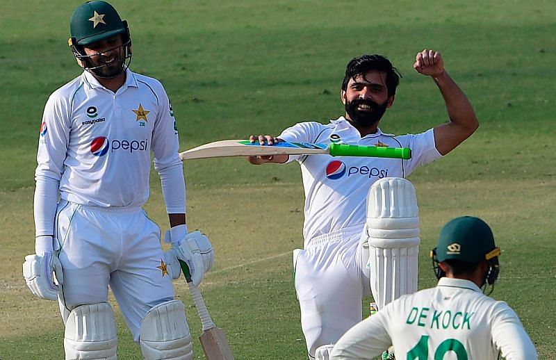 Fawad Alam celebrates after scoring a century against South Africa