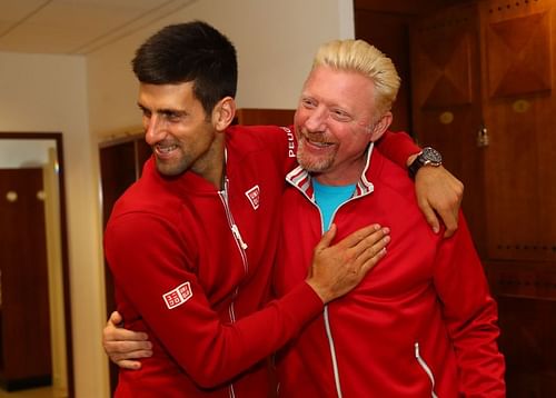 Boris Becker with Novak Djokovic at the 2016 French Open