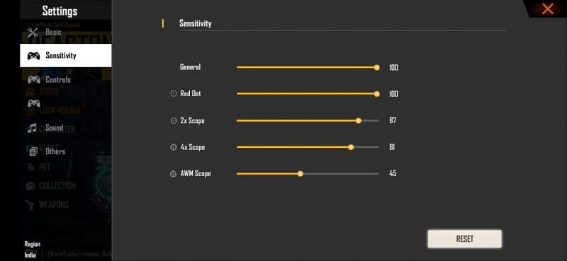 Sensitivity settings in Free Fire for 4GB RAM devices