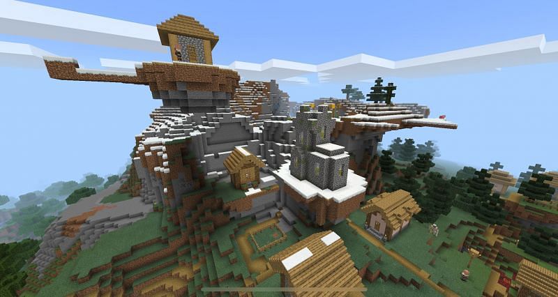 A single village house on a floating island above an entire village (Image via Minecraft)