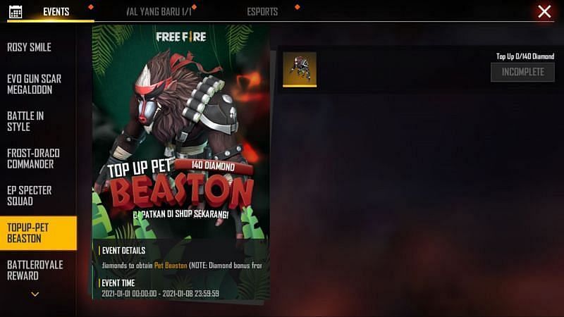 The Beaston top-up event in Free Fire