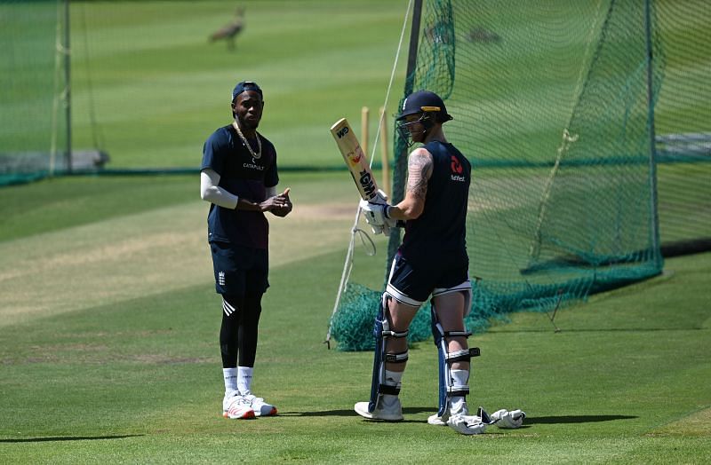 Ben Stokes (R), Jofra Archer (L) and Rory Burns are the first three England players to start training