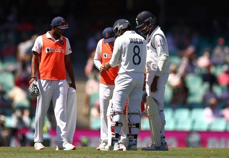 Ravindra Jadeja suffered a blow to his left thumb while batting on Day 3 of the SCG Test. (Pic: ICC/ Twitter)