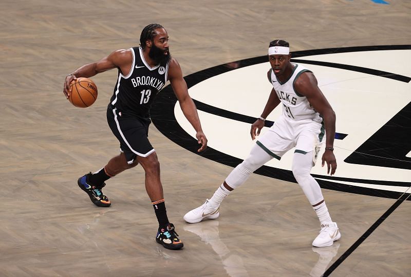 James Harden #13 of the Brooklyn Nets drives against Jrue Holiday #21 of the Milwaukee Bucks during their game at Barclays Center. (Photo by Al Bello/Getty Images)