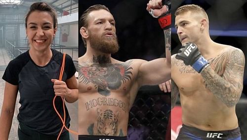 Amanda Ribas (left); Conor McGregor (center); Dustin Poirier (right)