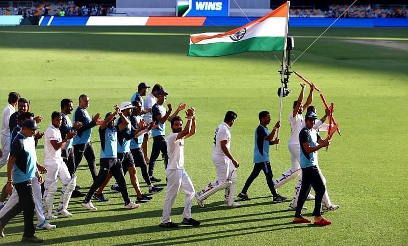 Ajinkya Rahane leads Team India&rsquo;s victory lap after the Gabba triumph. Pic: Twitter