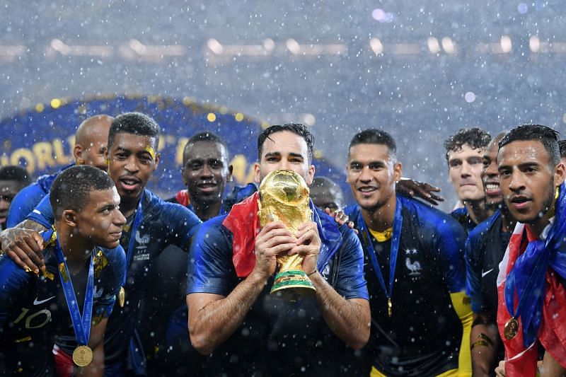 Adil Rami lifting the World Cup in 2018