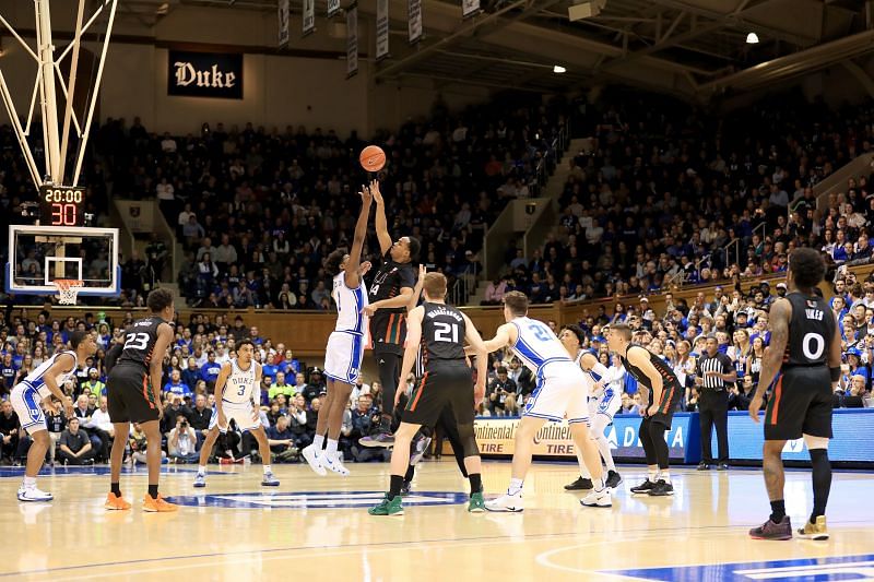 A general view of the tip-off between the Miami (Fl) Hurricanes and Duke Blue Devils&nbsp;