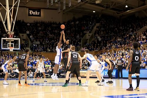 A general view of the tip-off between the Miami (Fl) Hurricanes and Duke Blue Devils 