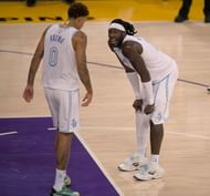 Kyle Kuzma #0 and Montrezl Harrell #15 of the Los Angeles Lakers.