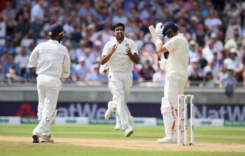 Ravichandran Ashwin celebrates the wicket of Joe Root during the 2018 series.