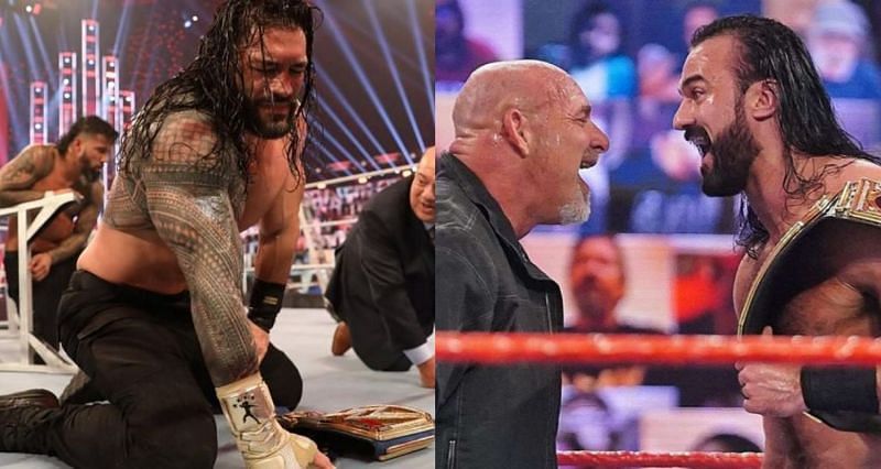 Roman Reigns after defeating Kevin Owens at WWE TLC; Drew McIntyre and Goldberg