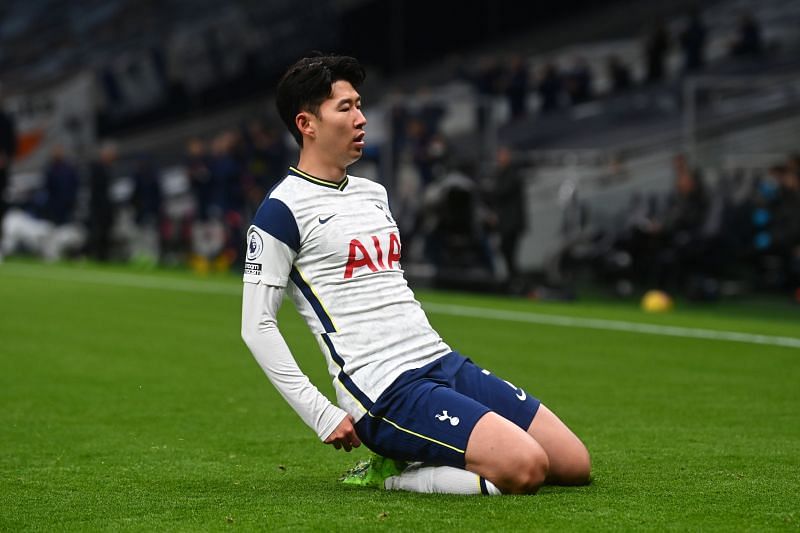 Son-Heung Min celebrates after scoring for Tottenham Hotspur.