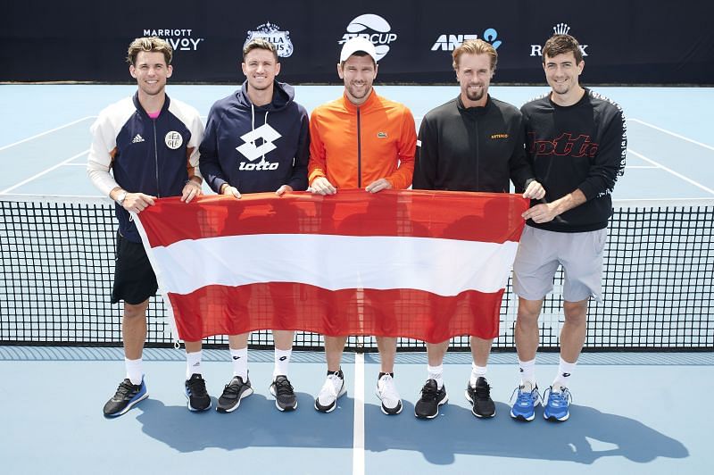 Dominic Thiem with Dennis Novak and the rest of the Austrian team at the 2020 ATP Cup