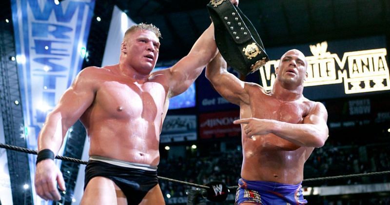 Brock Lesnar and Kurt Angle after their WrestleMania 19 match.