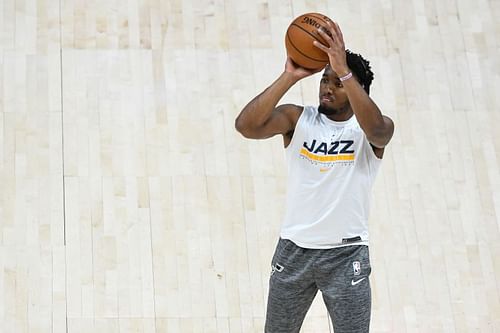 Donovan Mitchell of the Utah Jazz warms up before a game against the New Orleans Pelicans at the Vivint Smart Home Arena