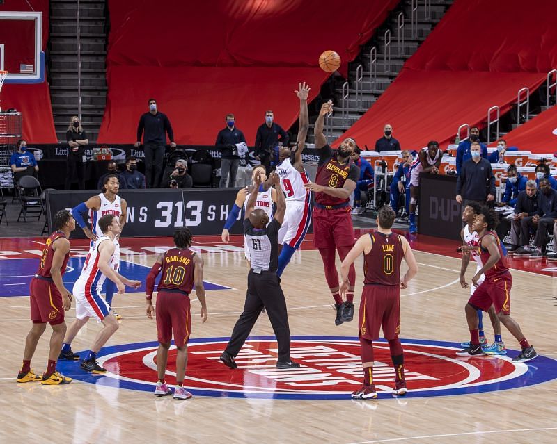 Detroit Pistons Jerami Grant competes for jump ball