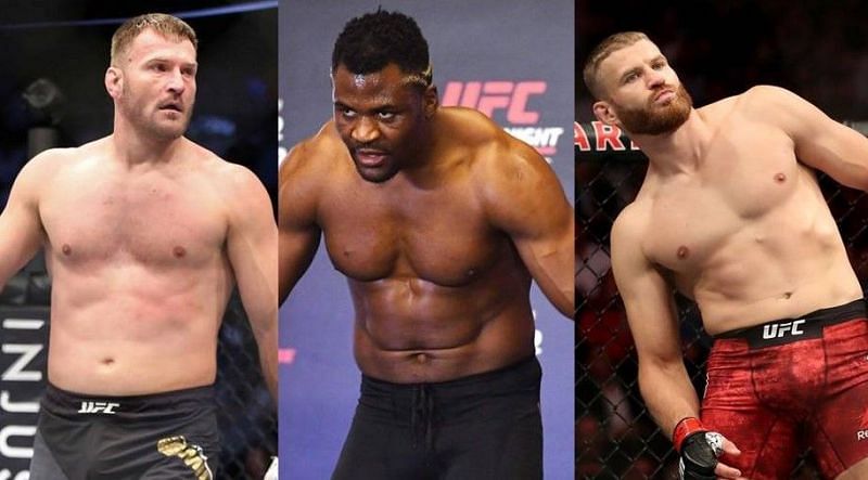 Stipe Miocic (left); Francis Ngannou (center); Jan Blachowicz (right)