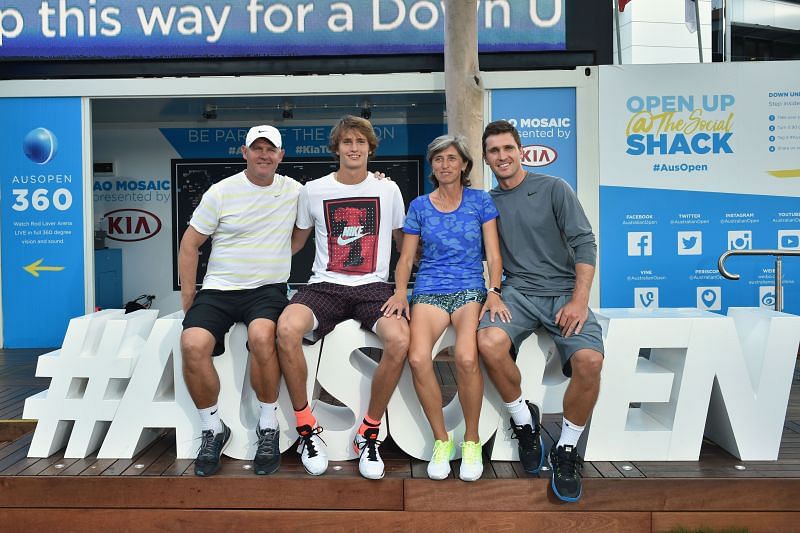 Alexander Zverev poses with his father Alexander Zverev Sr., mother Irena Zverev and brother Mischa Zverev at the 2016 Australian Open