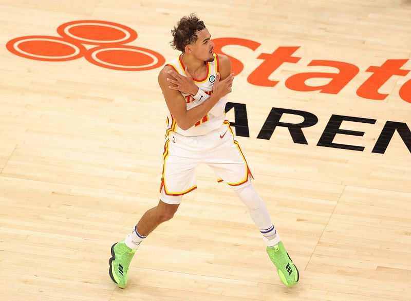 Trae Young of the Atlanta Hawks reacts after hitting a three-point basket in the final seconds of their win over the Detroit Pistons