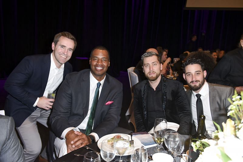 Brian Vahaly (extreme left), Jason Collins, Lance Bass and Michael Turchin at the Family Equality Council&#039;s Impact Awards in March 2018