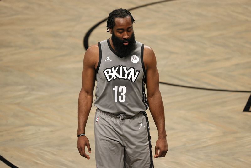 James Harden #13 of the Brooklyn Nets looks on during the first half against the Miami Heat at Barclays Center on January 25, 2021 in the Brooklyn borough of New York City. (Photo by Sarah Stier/Getty Images)