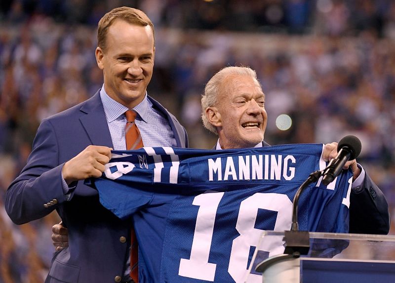 Indianapolis Colts owner Jim Irsay and veteran Peyton Manning