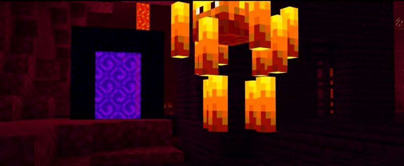 A blaze near a Nether Portal in Minecraft. (Image via Minecraft &amp; Chill/YouTube)