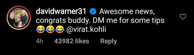 David Warner&#039;s comment on Virat Kohli&#039;s Instagram post