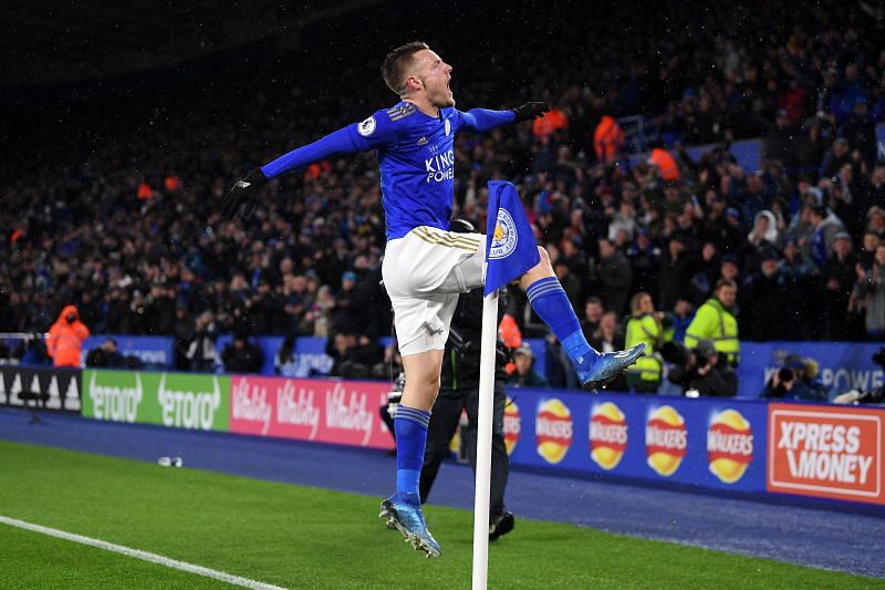 Jamie Vardy celebrates after scoring for Leicester City.