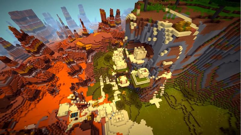 A Minecraft seed that features a desert village that is sprawled across multiple biomes. (Image via Minecraft &amp; Chill/YouTube)