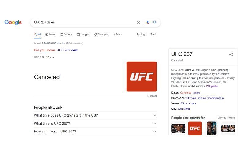 Google search results for &#039;UFC 257 dates&#039; 