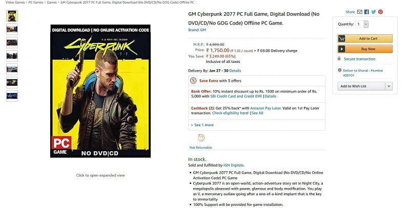 The pirated copy of Cyberpunk 2077 (Image via Amazon India)