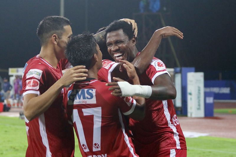 Odisha FC players celebrate after Diego Mauricio scored against Kerala Blasters (Image Courtesy: ISL Media)