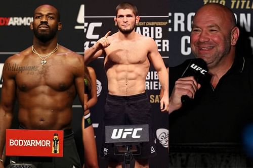 Jon Jones (L), Khabib Nurmagomedov (C), and Dana White ( R)