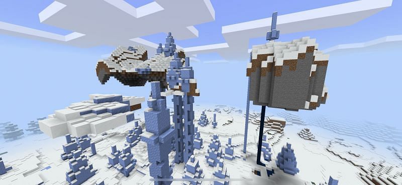 Floating islands where some are impaled by ice spikes (Image via Minecraft)