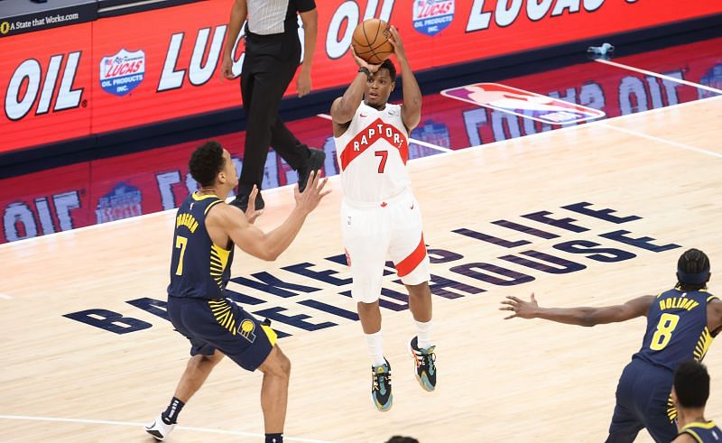 Kyle Lowry #7 of the Toronto Raptors shoots the ball against the Indiana Pacers.