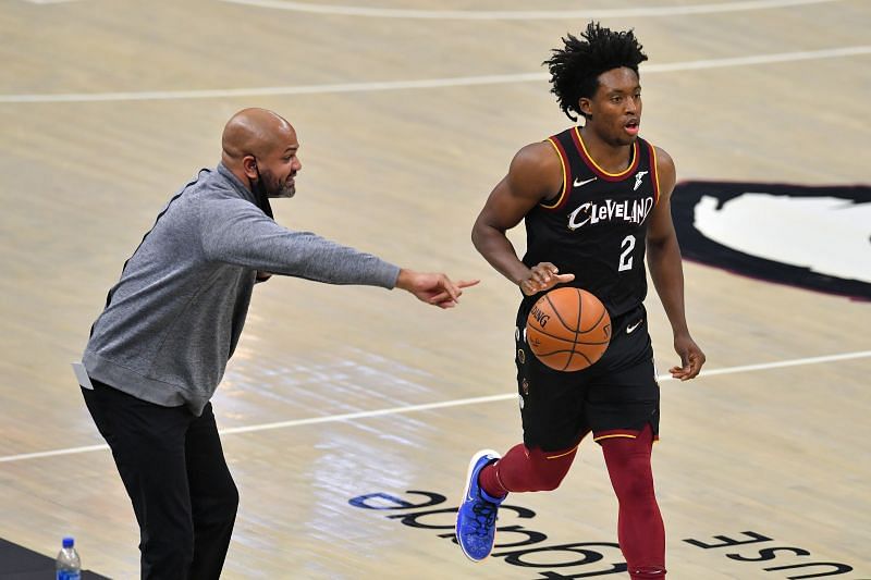 Head coach John-Blair Bickerstaff yells to Collin Sexton #2 of the Cleveland Cavaliers during the first quarter against the Brooklyn Nets.