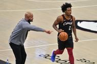 Head coach John-Blair Bickerstaff yells to Collin Sexton #2 of the Cleveland Cavaliers during the first quarter against the Brooklyn Nets.