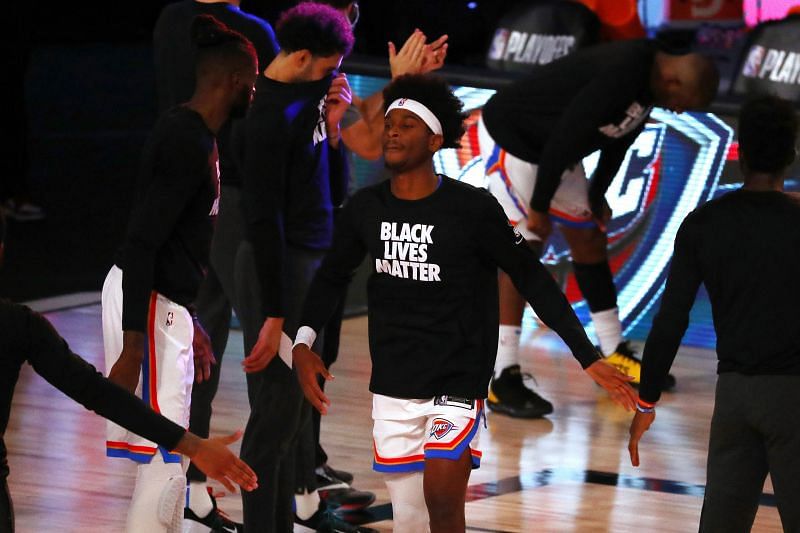 Shai Gilgeous-Alexander of the Oklahoma City Thunder reacts during player introductions&nbsp;