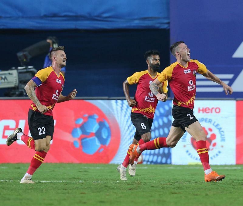 East Bengal players celebrate after scoring against Kerala Blasters
