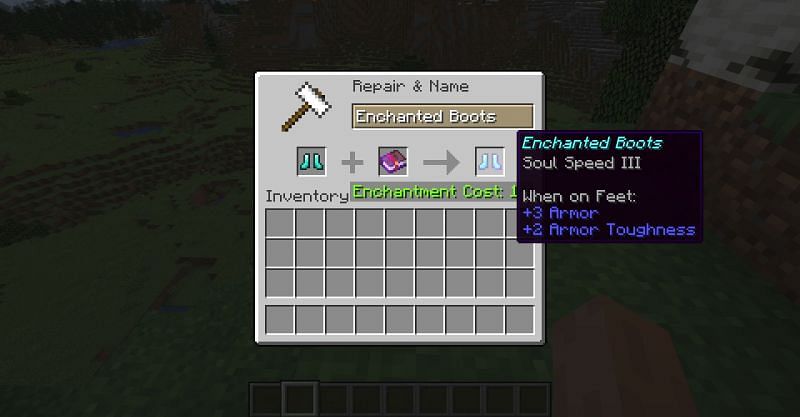 The Soul Speed enchantment being placed on a pair of diamond boots at an anvil in Minecraft (Image via Minecraft)