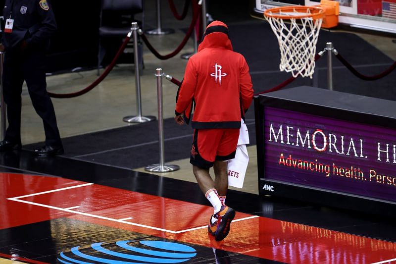 James Harden walks off after Lakers loss