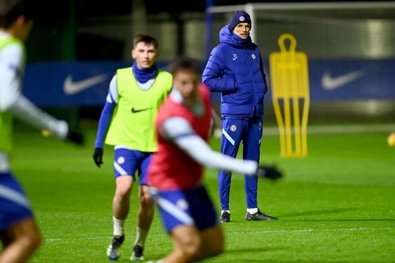 Billy Gilmour and Thomas Tuchel pictured in the latter&#039;s first training session as Chelsea boss.