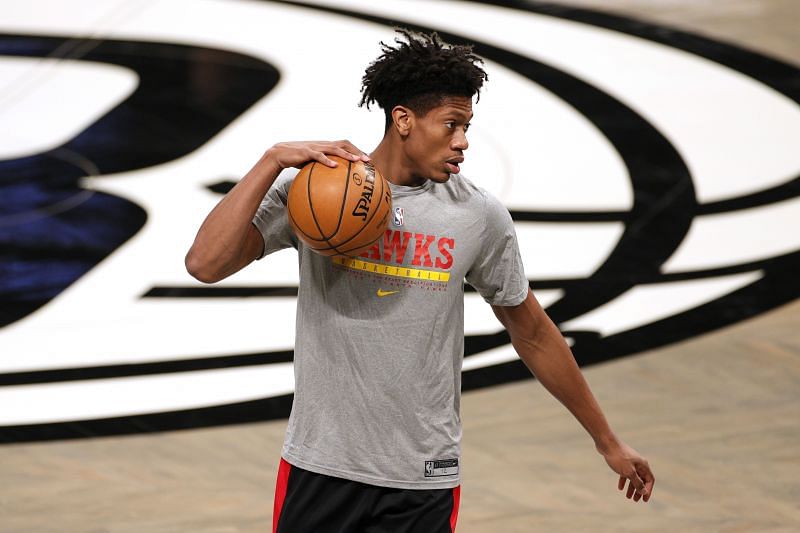 De&#039;Andre Hunter of the Atlanta Hawks dribbles during warmups before the first half against the Brooklyn Nets at Barclays Center.&nbsp;