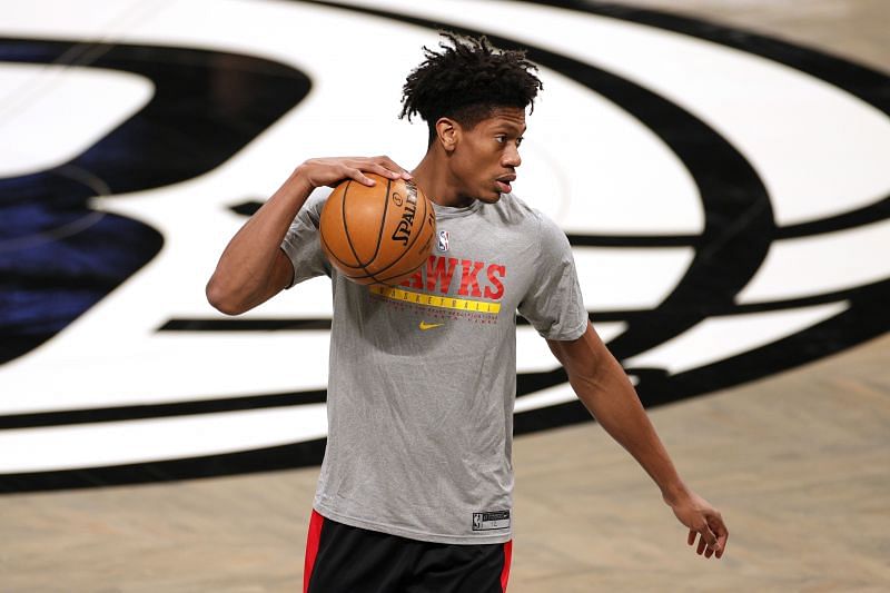 De'Andre Hunter of the Atlanta Hawks dribbles during warmups before the first half against the Brooklyn Nets at Barclays Center. 