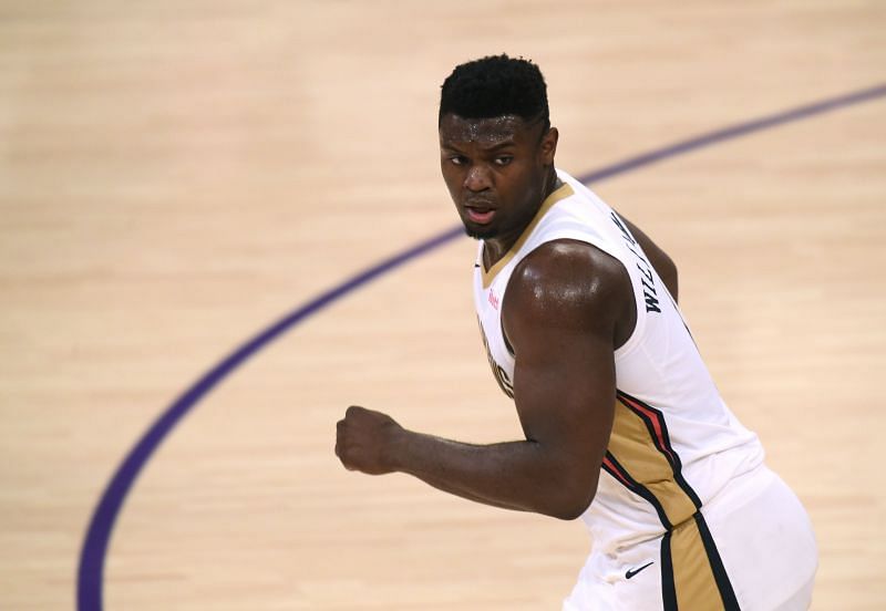 Zion Williamson #1 of the New Orleans Pelicans runs up court against the Los Angeles Lakers.