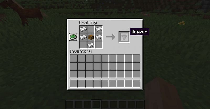 The crafting recipe for a hopper in Minecraft. (Image via Minecraft)