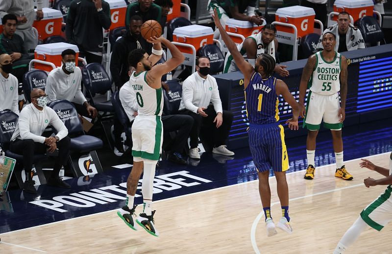 Jayson Tatum #0 of the Boston Celtics against the Indiana Pacers at Bankers Life Fieldhouse on December 27, 2020 (Photo by Andy Lyons/Getty Images)